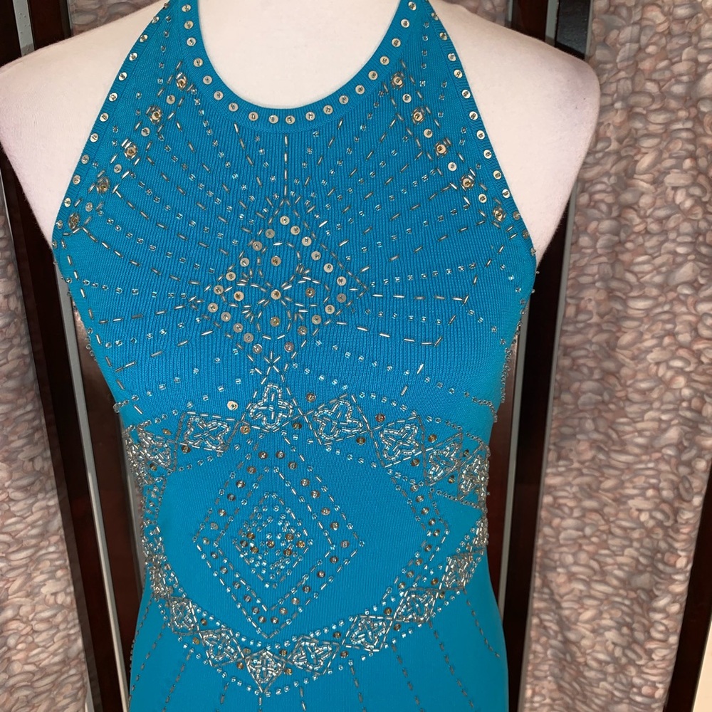 Cache blue halter tee top with beads and sequins. - Picture 6 of 8